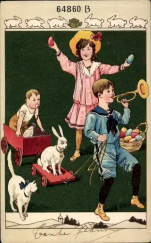 Präge Ak Glückwunsch Ostern, Kinder, Ostereier, Osterhase