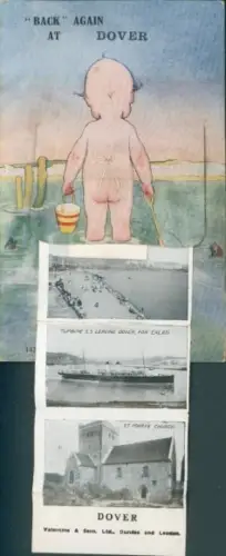 Leporello Ak Dover Kent England, Panorama, Strand, Fährschiff nach Calais, Kirche St. Mary