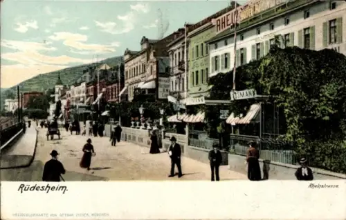 Ak Rüdesheim am Rhein,  Rheinstrasse, Geschäfte, Menschen, HelioColorkarte