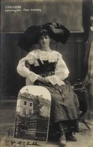 Ak Straßburg Elsass Bas Rhin, Gutenbergplatz, Denkmal, Elsässerin in Tracht