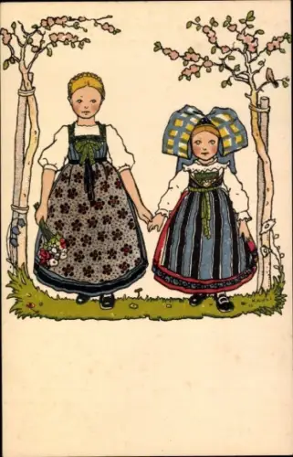 Künstler Ak Hansi Jean Jacques Waltz, Elsaß, Mädchen in Trachten