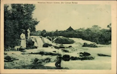 Ak Rungu DR Kongo Zaire, Dominikanische Mission Belgisch-Kongo, Fluss, Wasserfall