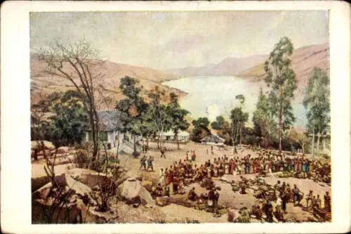 Ak Matadi DR Kongo Zaire, Landschaft mit Wasser, Menschenmenge, Bäume, Gebäude, Markt