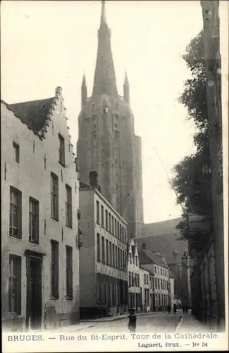 Ak Bruges Brügge Flandern Westflandern, Rue du St. Esprit, Tour de la Cathédrale