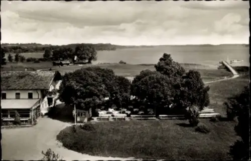 Ak Felden Bernau am Chiemsee, Panoramaansicht mit Wasser, Bäumen, Restaurant, Fischerstüberl