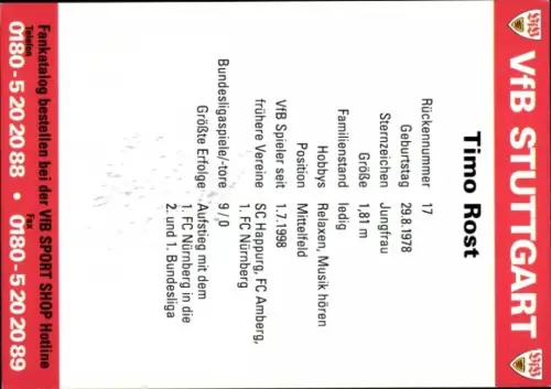 Autogrammkarte Fußballer Timo Rost, VfB Stuttgart, Autogramm