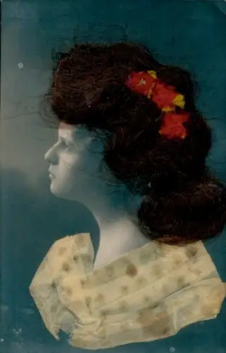 Echthaar Ak Frau, Portrait, Blumen