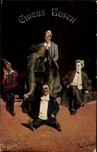 Künstler Ak Zirkus Busch, Elefant, Clowns