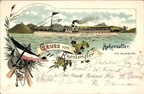Litho Rheindampfer Hohenzoller, Weinreben, Fahne