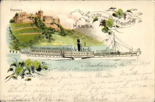 Litho St. Goar am Rhein, Burg Rheinfels, Rheindampfer Hansa, Salondampfer