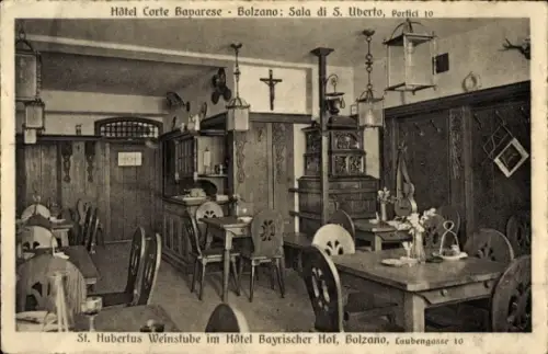 Ak Bozen Bolzano Südtirol, St. Hubertus Stube im Hotel Bayrischer Hof, Laubengasse 10