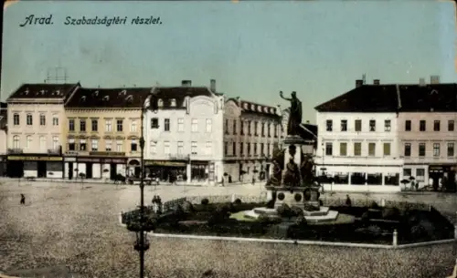 Ak Arad Rumänien, Szabadságtéri részlet, Denkmal, Geschäfte
