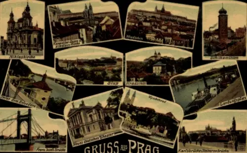 Ak Praha Prag Tschechien, Niklaskirche, Karmeliter Gasse, Karlsbrücke, Hradschin, Slup