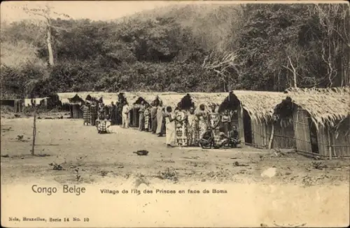 Ak Boma Congo Belge DR Kongo Zaire, Congo Belge, Dorf, Menschen in traditioneller Kleidung, Hütte