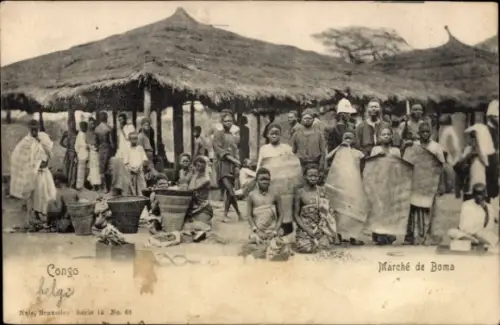 Ak Boma Congo Belge DR Kongo Zaire, Markt mit Menschen, Körben, Strohmarkisen,  Kongo