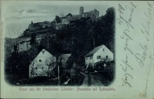 Mondschein Ak Neumühle Ahorntal in Oberfranken, Teilansicht mit Rabenstein