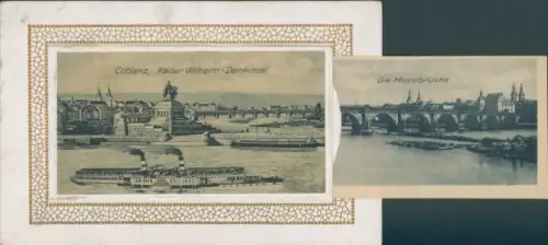 Leporello Ak Koblenz am Rhein, Kaiser Wilhelm Denkmal, Dampfschiff, Moselbrücke
