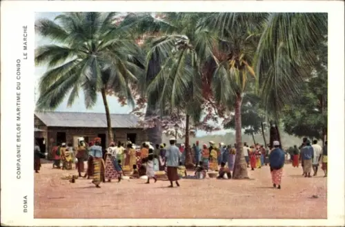 Ak Boma Congo Belge DR Kongo Zaire, Markt, Palmen, Einheimische