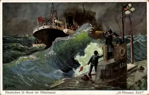 Künstler Ak Bahr, Deutsches U Boot im Mittelmeer, Dampfschiff, Inspektion, 10 Minuten Zeit