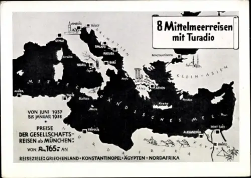 Ak 8 Mittelmeerreisen mit Turadio Reisebüro, Berlin, Reklame