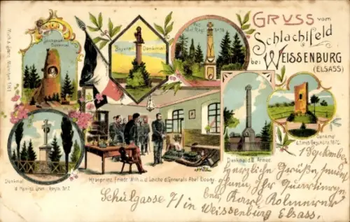 Litho Wissembourg Weißenburg Bas Rhin, Schlachtfeld, Leiche d. Generals Abel Douay, Friedr. Wilhelm