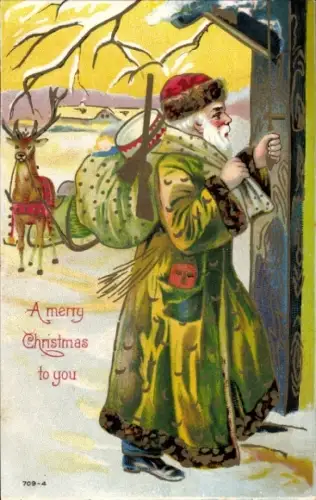 Präge Ak Glückwunsch Weihnachten, Weihnachtsmann, Rentier