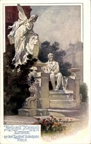 Künstler Ak Wien VII., Ferdinand-Raimund-Denkmal, Deutsches Volkstheater
