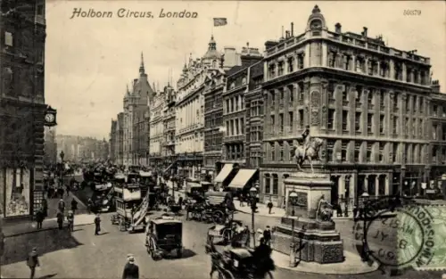 Ak Holborn Camden London England, Holborn Circus,  Straßenansicht, Pferdefuhrwerke, Menschen, Mon
