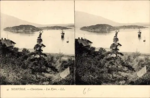 Stereo Ak Christiania Oslo Norwegen, Les Fjors, Schiffe, Umgebung