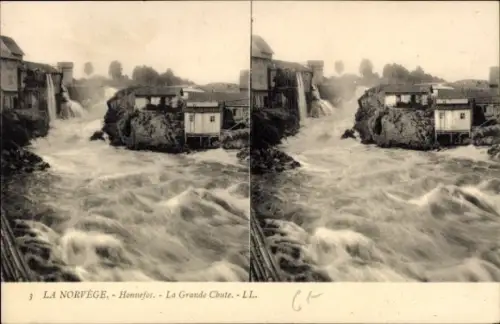 Stereo Ak Honnefoss Norwegen, La Grande Chute, Wasserfall und reißender Fluss