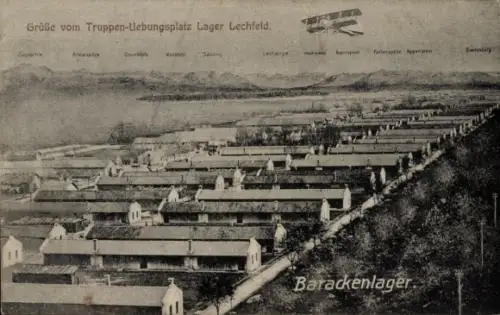 Ak Graben in Schwaben, Lagerlechfeld, Barackenlager, Flugzeug, Zugspitze, Kreuzspitze, Geierköpfe