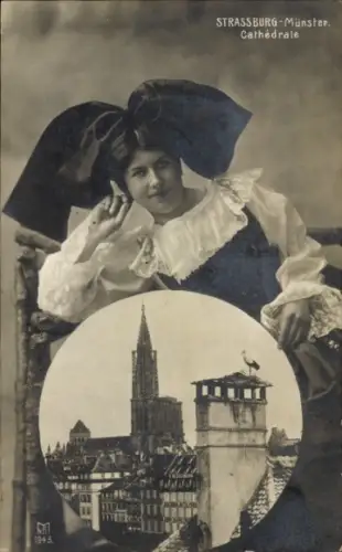 Ak Strasbourg Straßburg Elsass Bas Rhin, Kathedrale, Elsässerin in Tracht