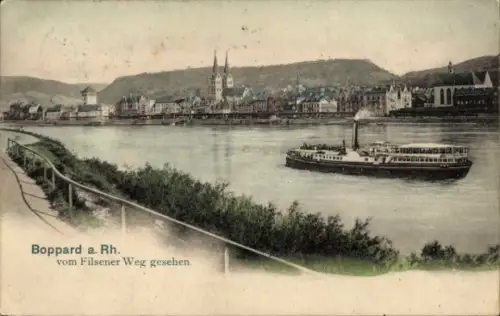 Ak Boppard am Rhein, Boppard am Rhein, Flusslandschaft, Dampfschiff, Stadtansicht