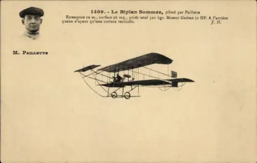 Ak Sommer Doppeldecker, gesteuert von Paillette, Pilot, Flugpionier
