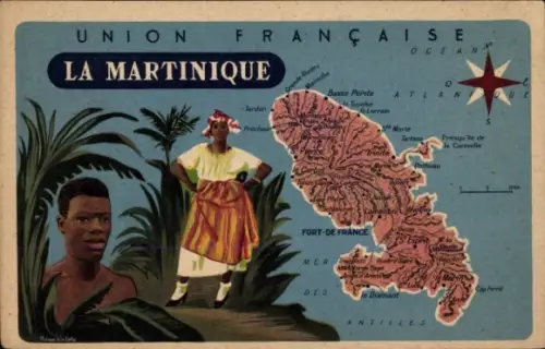 Landkarten Künstler Ak Martinique, Fort de France, St. Esprit, St. Pierre, Frau im Gewand, Mann