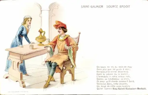 Ak Saint Galmier Loire, Source Badoit, Oncques ne vis au mois de may Rose, Reklame