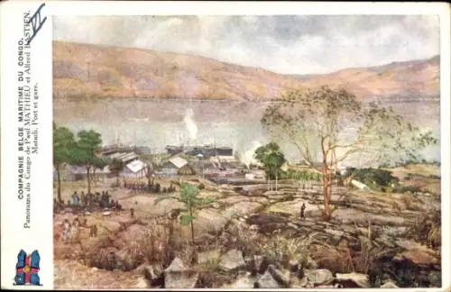 Ak Matadi DR Kongo Zaire, Panorama des Kongos,  Hafen und Bahnhof, Künstler Paul Mathieu, Alfred 