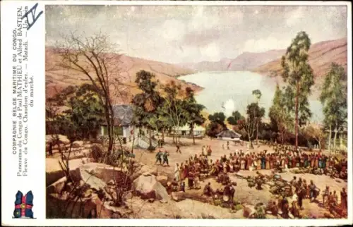 Ak Matadi DR Kongo Zaire, Panorama des Kongos, Markt, Fluss, Menschenmenge, Künstler Paul Mathieu