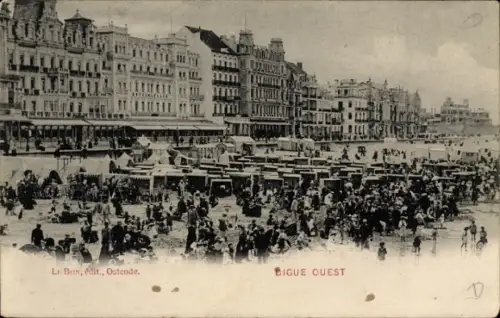 Ak Oostende Ostende Westflandern, Strand mit vielen Menschen, Strandkörben, Gebäude im Hintergrun