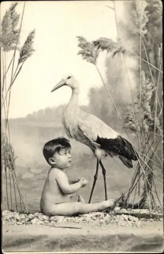 Ak Storch mit Baby