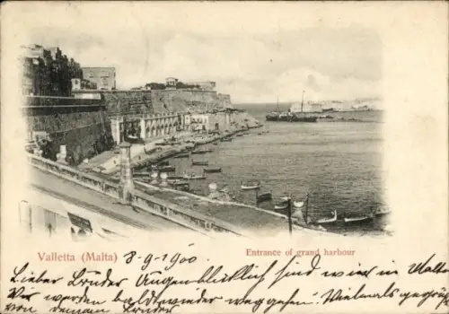 Ak Valletta Malta, Hafenansicht, Boote, Schiffe, Küstenlinie, 1900