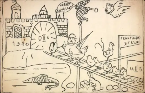 Handgemalt Studentika Ak Heidelberg, U II B 1920, Absolventen als Hühner, praktischer Beruf