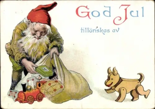 Künstler Ak Nyström, Jenny, Frohe Weihnachten, Zwerg, Geschenke, Spielzeughund