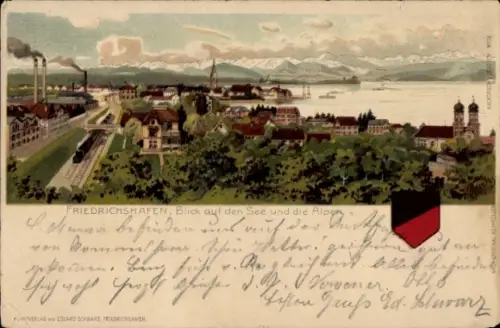 Litho Friedrichshafen am Bodensee, Blick auf den See und die Alpen, Wappen