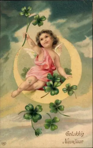 Präge Litho Glückwunsch Neujahr, Kleeblatt, Engel