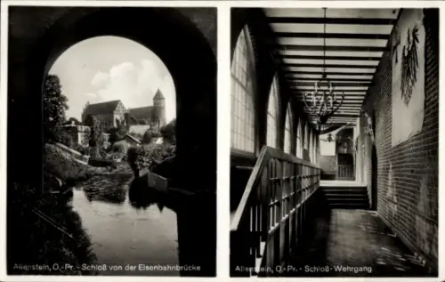 Ak Olsztyn Allenstein Ostpreußen, Schloss von der Eisenbahnbrücke, Schloss-Wehrgang, Echte Fotogr