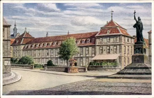 Ak Fulda in Hessen, Hotel zum Rurfu, Statue, alte Architektur, malerische Landschaft