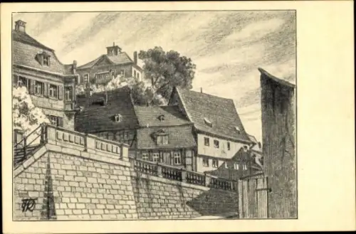 Künstler Ak Aschaffenburg in Unterfranken, Häuser an der Mainbrücke