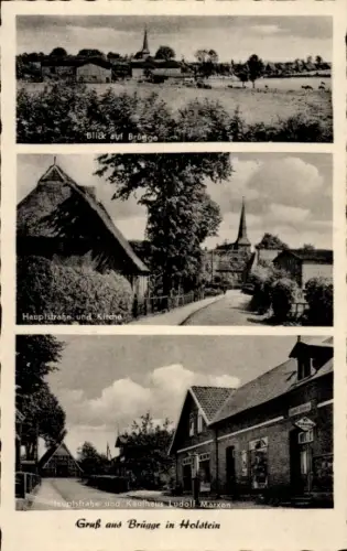 Ak Brügge in Holstein, Gesamtansicht, Hauptstraße und Kirche, Kaufhaus Ludolf Marxen