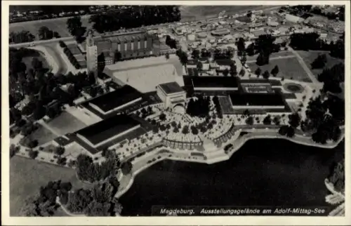 Ak Magdeburg an der Elbe, Luftaufnahme von  Ausstellungsgelände, Adolf-Mittag-See